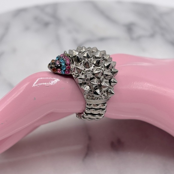 Gunmetal, Silver tone & Multi Crystal Chunky Hedgehog Animal Stretch‎ Band Ring - Picture 5 of 8